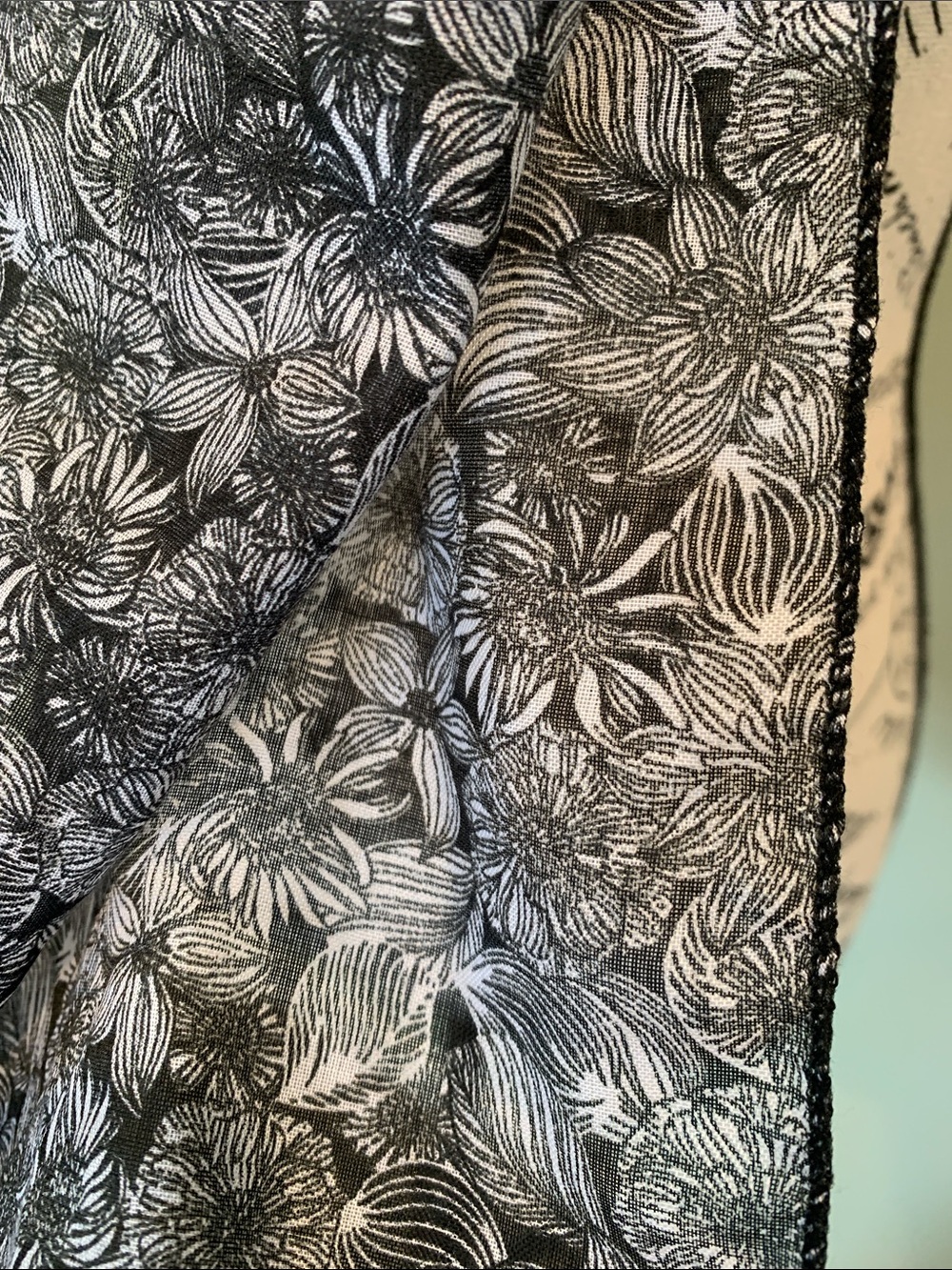 Women’s Lightweight Semi-Sheer Black and Gray Botanical Floral Accessory Scarf - Picture 2 of 6